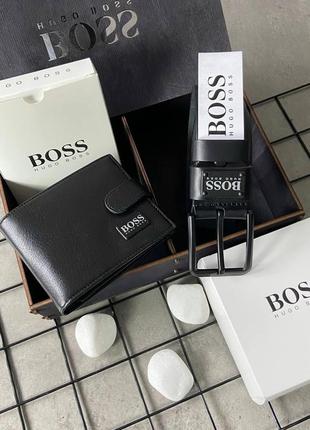 Ремень мужской кожаный boss и кожаный кошелек в подарочном наборе