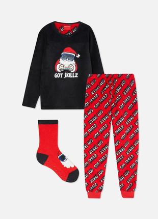Пижама новогодняя с носками пушистый флис велсофт на мальчика santa primark