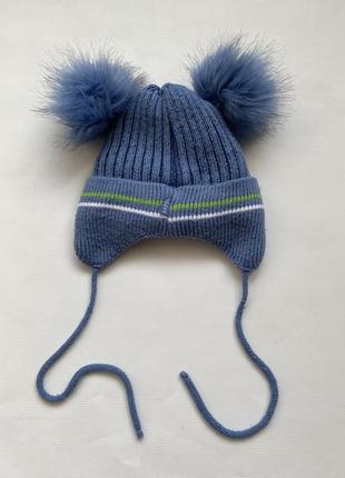 Зимняя шапка для мальчика, теплая шапка с помпонами2 фото