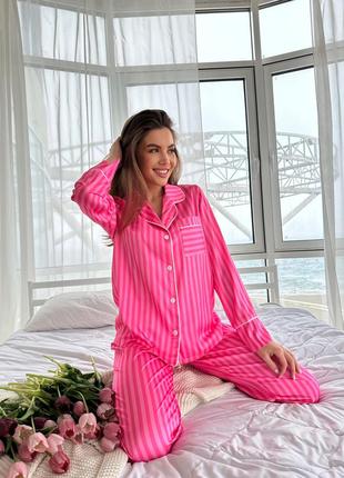 Шовкова піжама в полоску рубашка та штани, рожева піжама в полосочку з шовку сорочка з довгими рукавами та штани, піжама смужка сатин