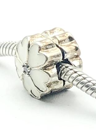 Кліпса затискач розділитель шарм pandora white primrose💮 срібло 925⁰5 фото