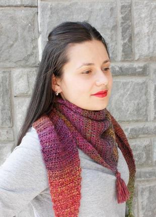 Шерстяной зимний вязаный шарф зимний бактус женский шарф из шерсти меринос фиолетовый оранжевый1 фото