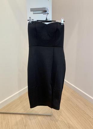 Черное вечернее мини миди платье с разрезом спереди без бретелек