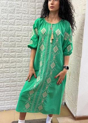 Сукня льон вишита зелена. якість туреччина.