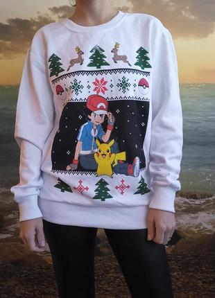 Свитшот свитер пуловер реглан новогодний  на флисе покемон пикачу pokemon мерч2 фото