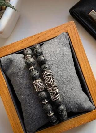 Браслет мужской из чёрной лавы будда и руна
