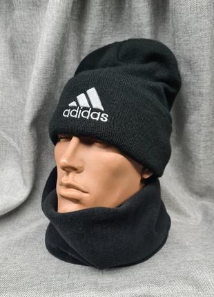 Шапка adidas мужская женская унисекс, чёрная шапка с вышивкой, шапка лопата высокая, шапка с подворотом, шапка