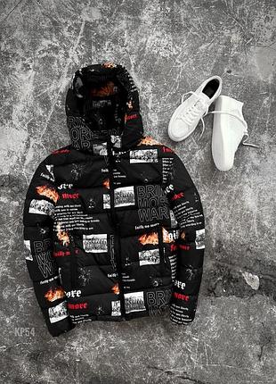 Куртка пуховик с принтами черная