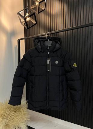 Зимняя чёрная удлинённая куртка пуховик stone island чорна зимова куртка з капюшоном stone island