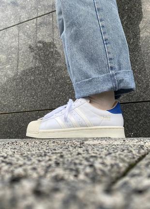 Кожаные кроссовки адедас супер стар, adidas superstar. белые с синим5 фото