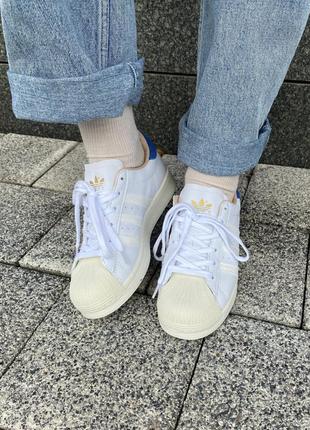 Кожаные кроссовки адедас супер стар, adidas superstar. белые с синим9 фото