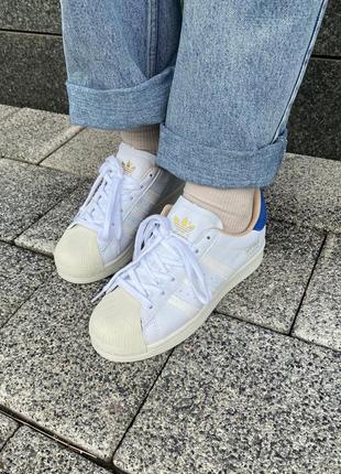 Кожаные кроссовки адедас супер стар, adidas superstar. белые с синим8 фото