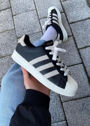 Кожаные кроссовки адидас, adidas superstar black/white