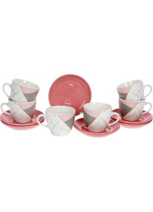 Кофейный сервиз "мрамор" 6 чашек 240мл и 6 блюдец, фарфор, белый с розовым и серым1 фото