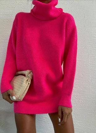 Теплый женский свитер туника оверсайз под горло 42/46/ удлиненная женская кофта розовая1 фото