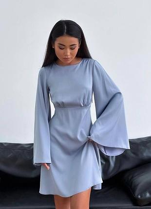Шовкова сукня міні з рукавами кльош з відкритою спинкою плаття блакитна бежева чорна...