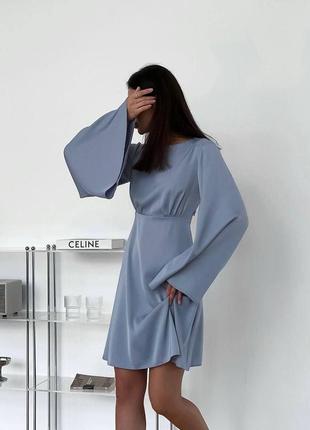 Шовкова сукня міні з рукавами кльош з відкритою спинкою плаття блакитна бежева чорна...