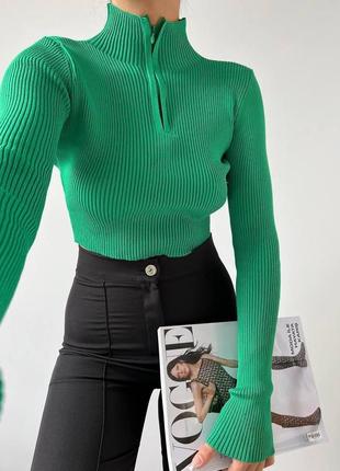Приталенный женский топ в рубчик с молнией/ осенняя женская кофточка зеленая 42/44 турция3 фото