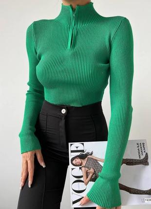 Приталенный женский топ в рубчик с молнией/ осенняя женская кофточка зеленая 42/44 турция4 фото