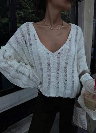 Трендова жіноча рвана кофта оверсайз молочна чорна, рваний светр туреччина1 фото