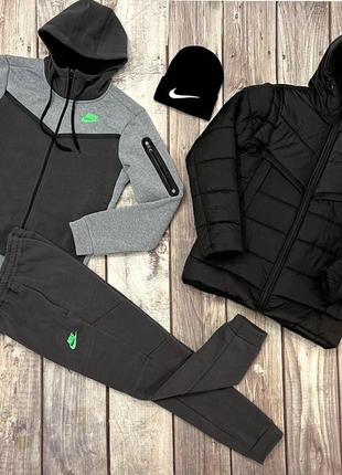 Зимовий комплект спортивний костюм + куртка + шапка nike tech fleece. теплий спортивний набір найк теч фліс