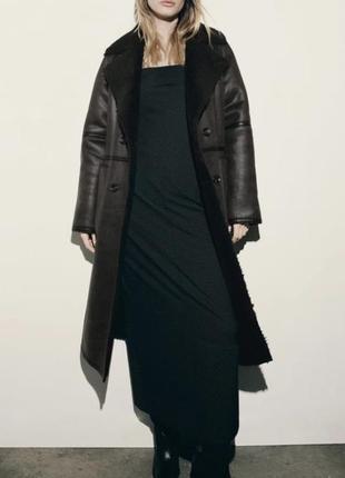 Zara длинная дубленка двусторонняя, комбинированное двустороннее плюшевое пальто теди, кожаный плащ, шуба, шубка