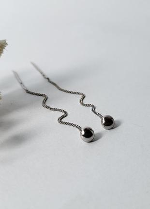 Серебряные сережки серьги цепочки протяжки напівсфера 5 мм без камней серебро 925 пробы родированное 54005/1р7 фото
