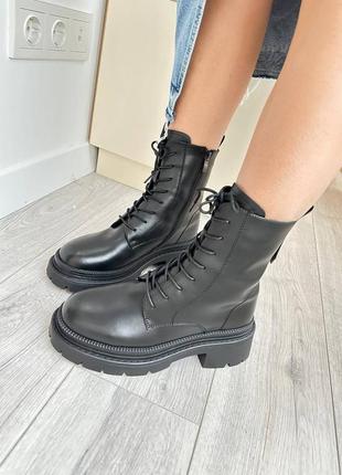 Женские зимние черные ботинки на шнуровке натуральная кожа3 фото