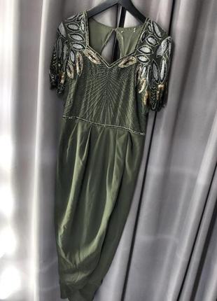 Платье миди цвета хаки с драпировкой спереди и вышивкой из бисера  на плечах virgos lounge p5 фото