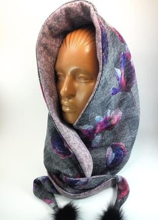 Жіноча шапка капор з норкою капюшон хутряна хустка на голову шарф теплий зимовий палантин з квітами4 фото