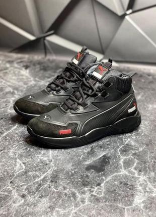 Зимові чоловічі черевики-кросівки puma black / мужские зимние кожаные ботинки пума в спортивном стиле чёрные на пенке6 фото