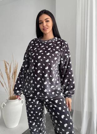 Теплая мягкая махровая пижама велсофт для сна, домашний женский костюм махра без капюшона5 фото