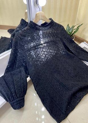 Ажурная блуза чёрная базовая блузка из прошвы, рубашка риверсайд базовая,блузочка, блузка, черная классическая