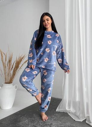 Теплая мягкая махровая пижама велсофт для сна, домашний женский костюм махра без капюшона