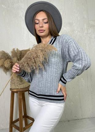 Свитер женский вязаный, полу шерстной, пуловер, джемпер, полубатальный, батал, темно - серый2 фото