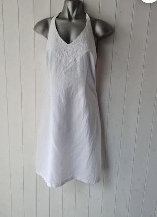Льняное белое платье сарафан с завязками на шее2 фото