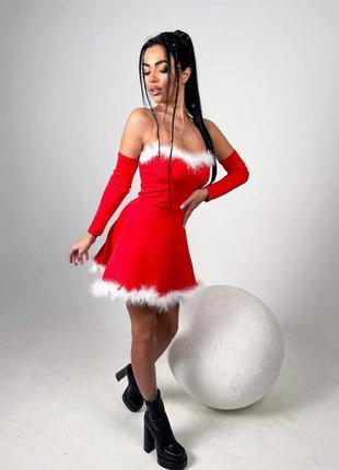 Роскошное сексуальное мини платье санты снегурочки красное с перчатками с мехом карнавальное новогоднее нарядное костюм для игр детка-морозка7 фото