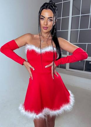 Роскошное сексуальное мини платье санты снегурочки красное с перчатками с мехом карнавальное новогоднее нарядное костюм для игр детка-морозка5 фото