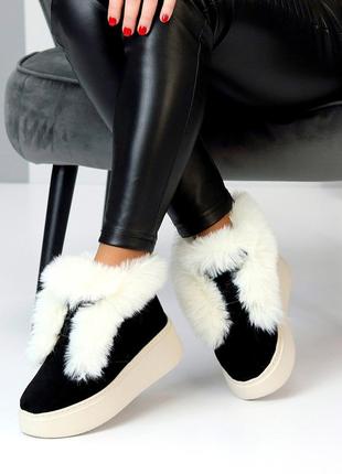 Женские замшевые черные ботинки на платформе танкетке зимние ботинки теплые на меху натуральная5 фото