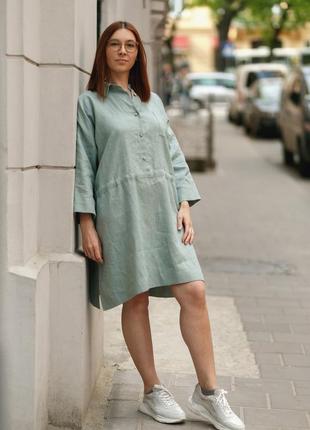 Льняное женское платье vil'ni ницца зеленый 521 фото