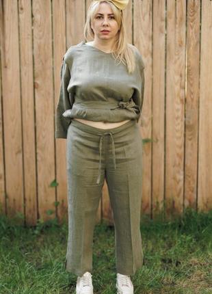 Льняные женские брюки vil'ni остин оливковый 50