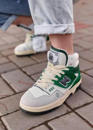 Шкіряні зимові кросівки на хутрі new balance 650. зелені з білим