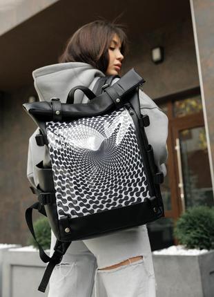 Жіночий рюкзак sambag rolltop hacking чорний принт "illusion"10 фото
