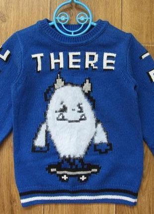 Синий теплый свитер свитшот кофта с монстриком некст next для мальчика 3 года рост 986 фото