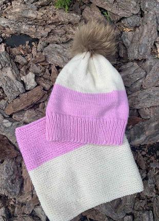 Новый набор шапка снуд 6-10 лет натуральный помпон ручная работа