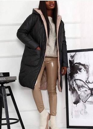 Куртка двусторонняя стеганная зима свободного силуета на молнии с капюшоном накладные карманы рукав прямой ткань плащевка лаке силикон 300