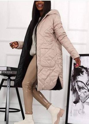 Куртка двусторонняя стеганная зима свободного силуета на молнии с капюшоном накладные карманы рукав прямой ткань плащевка лаке силикон 3003 фото