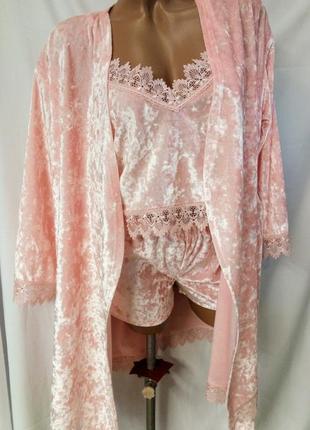 Комплект халат + пижама из бархата "мрамор"1 фото