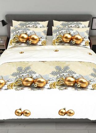 Новогодняя белоснежная постель с праздничными елочными пулями золотыми с елочной снег рождественские