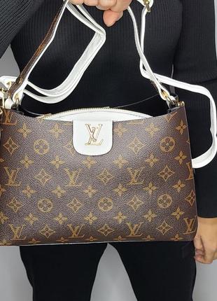 Красивая вместительная кожаная женская сумка коричневая в стиле louis vuitton monogram lv лв канва через плечо супер люкс турция